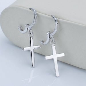 Men's 18K White Gold Filled Smooth Silver Cross Dangle Earrings Gorgeous Gift